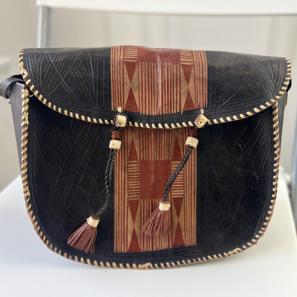Vintage African Leather Crossbody Bag with Geometric Panel | Hand-Stitched Triba
